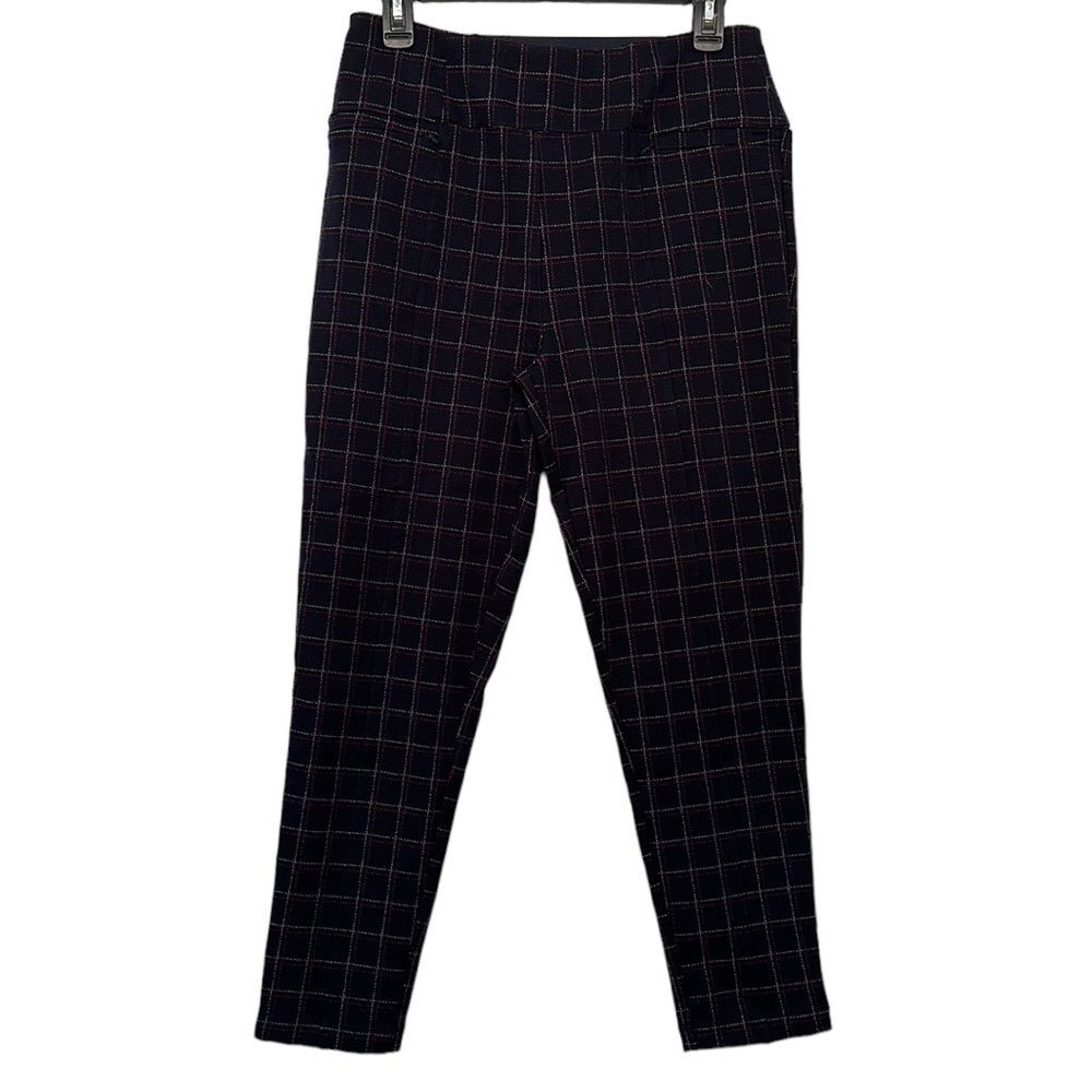 Betabrand Power Down Pant Skinny Leg Yoga Pant LP Large Petite Navy Plaid